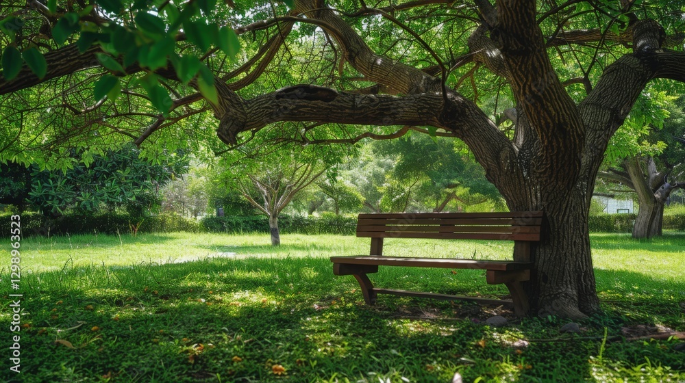 Wooden bench beneath a large shade tree Wooden bench beneath a large shade tree