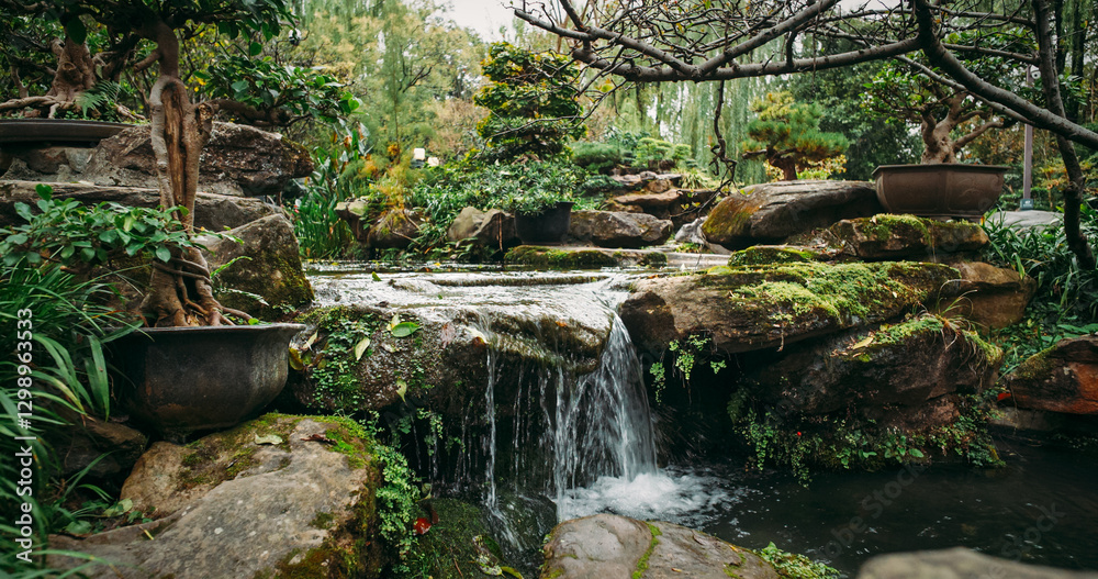 Chengdu, Sichuan, China. Decorative Waterfall In Garden Area Of Wuhou Memorial Temple. Comfortable Environment To Embrace Nature. Zen-like Concept. Silence And Peace. Ornamental Bonsai Tree