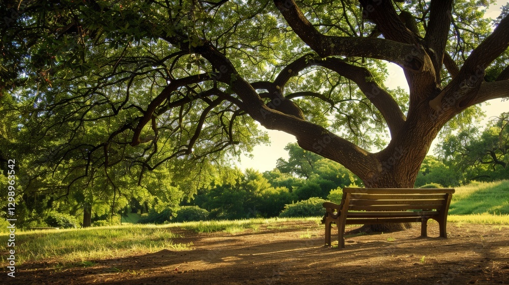 Wooden bench beneath a large shade tree Wooden bench beneath a large shade tree