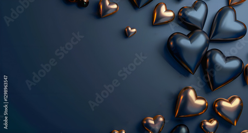 Czarne i złote serca 3D na ciemnym tle symbolizujące luksus, elegancję i miłość.