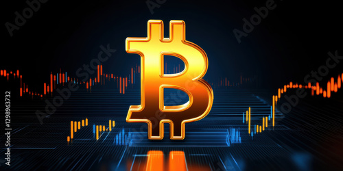 Golden Bitcoin symbol against a digital background with fluctuating graphs, representing cryptocurrency trends and trading.