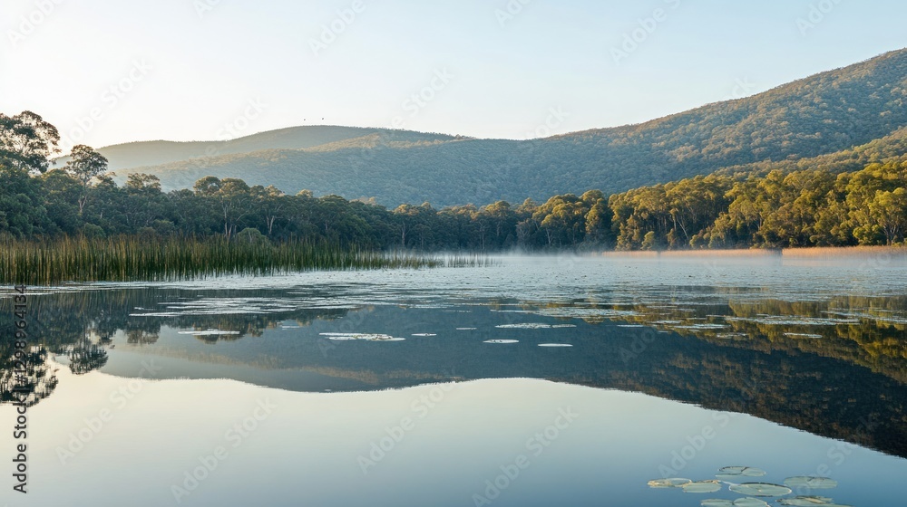 Fototapeta premium Misty morning lake reflection, tranquil mountain views