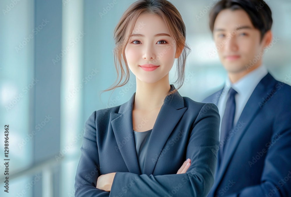 スーツ姿で自信のある表情で腕組みをして立つ若い女性と男性ビジネスマン スーツ姿で自信のある表情で腕組みをして立つ若い女性と男性ビジネスマン