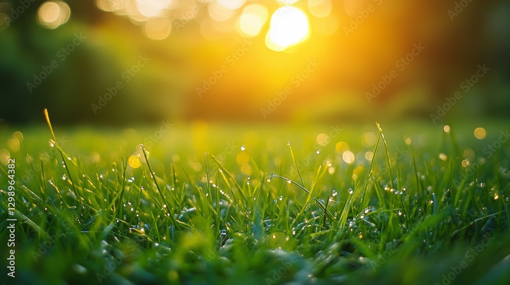Fototapeta premium beautiful sunrise seen from a garden style green lawn