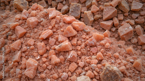 Red lumps of salt mined in the mines. Production of additives for fertile soil.
