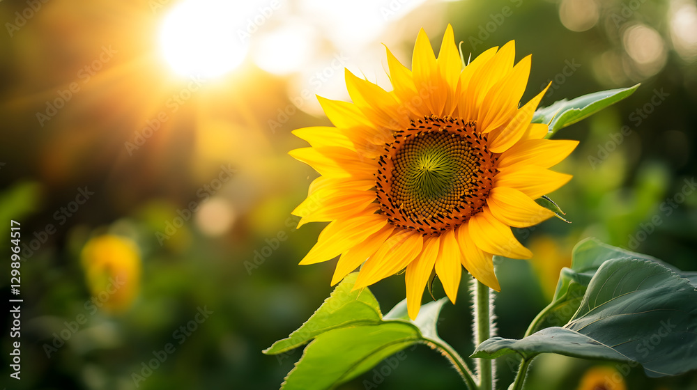 Fototapeta premium A close-up of a single sunflower blooming towards the sun in the middle of a summer garden.