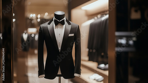 Elegant black tuxedo with bow tie on display in retail setting. Focus on formal wear, style and event dressing.Sophistication and class in sartorial fashion.