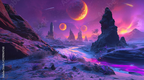 A fantasy world night landscape with two moons