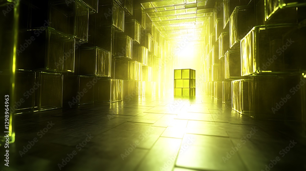 Fototapeta premium Enigmatic Cube in Rectangular Structure of Glass Blocks with Light Beams and Geometric Pattern