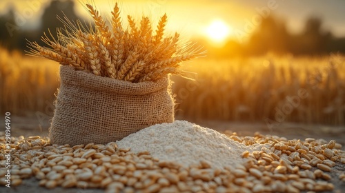 Wheat grains in burlap sack with flour, sunset field background.