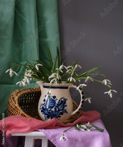 Obraz na płótnie An Elegant Floral Arrangement Placed in a Ceramic Pitcher Surrounded by Beautiful Textiles w salonie