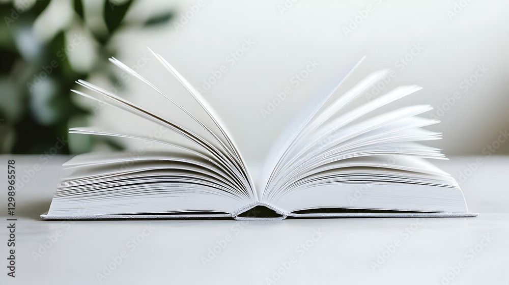 Open White Book with Flared Pages on a Bright White Table with Green Foliage Background Open White Book with Flared Pages on a Bright White Table with Green Foliage Background