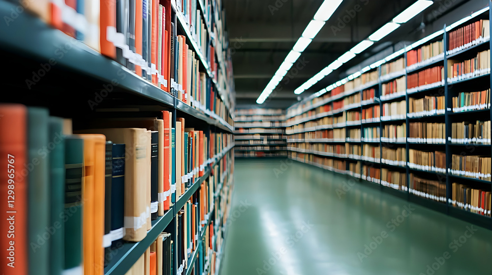 Rows Of Books On Shelves In A Library Interior With Green Floor and Lighting Rows Of Books On Shelves In A Library Interior With Green Floor and Lighting