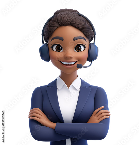 3d icon cute young friendly female call center agent with headset. Cartoon smiling woman operator in headphones with microphone working in office talking to client isolated on transparent png