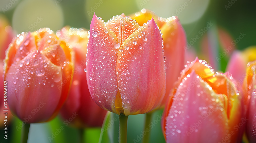 Naklejka premium A close-up of blooming tulips with dew drops on the petals, showcasing their intricate details and vibrant colors.