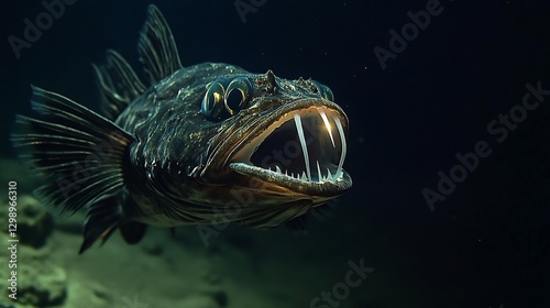 Terrifying Viperfish lurking in the deep sea its long needle like fangs glowing faintly dark reflective scales absorbing the scarce light photo