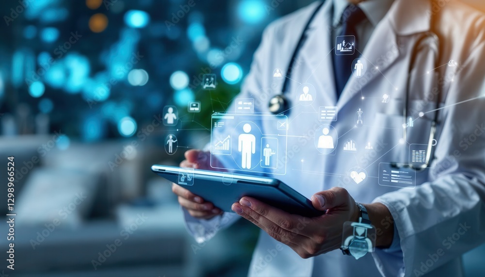 Medical professional interacting with digital healthcare data on a tablet. Illustrates technology-driven personalized care and health technology interface in clinical settings. Medical professional interacting with digital healthcare data on a tablet. Illustrates technology-driven personalized care and health technology interface in clinical settings.
