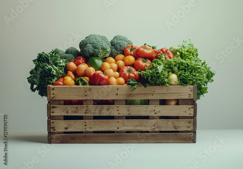 Fototapeta Naklejka Na Ścianę i Meble -  A wooden crate overflowing with fresh organic vegetables and fruits including tomatoes, broccoli, lettuce, and apricots