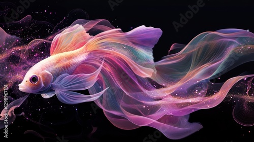 Abstract iridescent fish with light trails swimming in the dark background