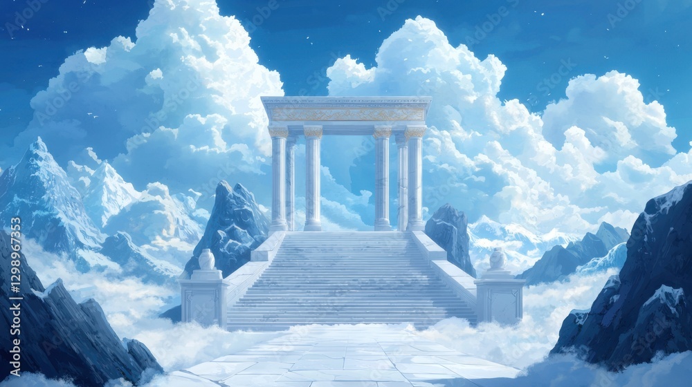 Majestic Ancient Temple Surrounded by Serene Clouds and Snowy Mountains Under a Bright Blue Sky Majestic Ancient Temple Surrounded by Serene Clouds and Snowy Mountains Under a Bright Blue Sky