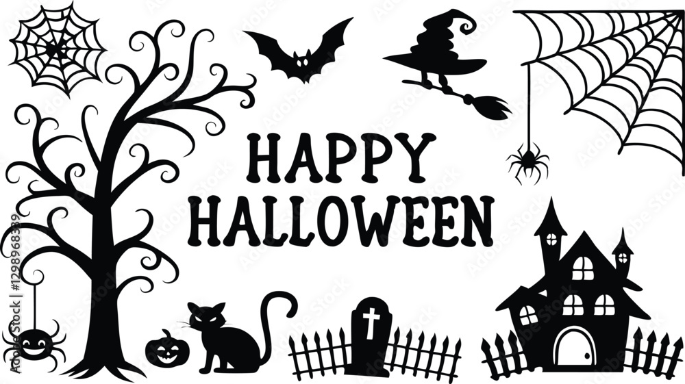 Fototapeta premium Set of halloween silhouettes black icon and character SVG. Vector illustration with Isolated on white background.