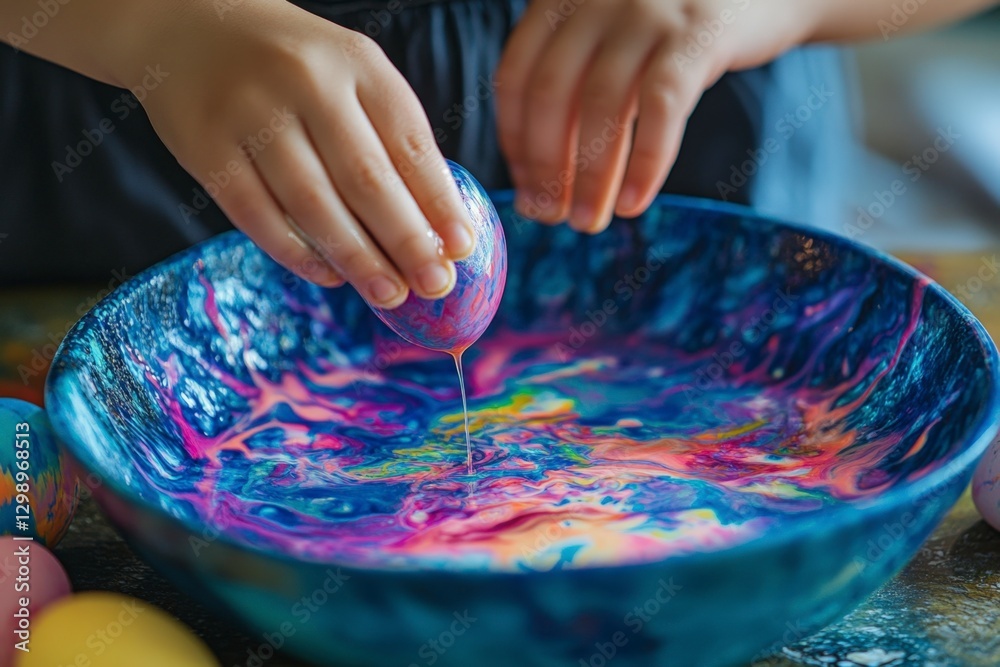 Obraz premium Child Creating Marbled Egg with Colorful Swirls