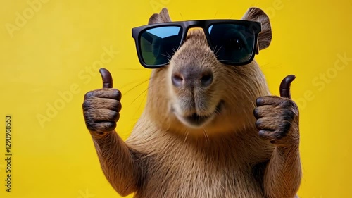 Cool capybara giving two thumbs up while wearing stylish sunglasses against a bright yellow background