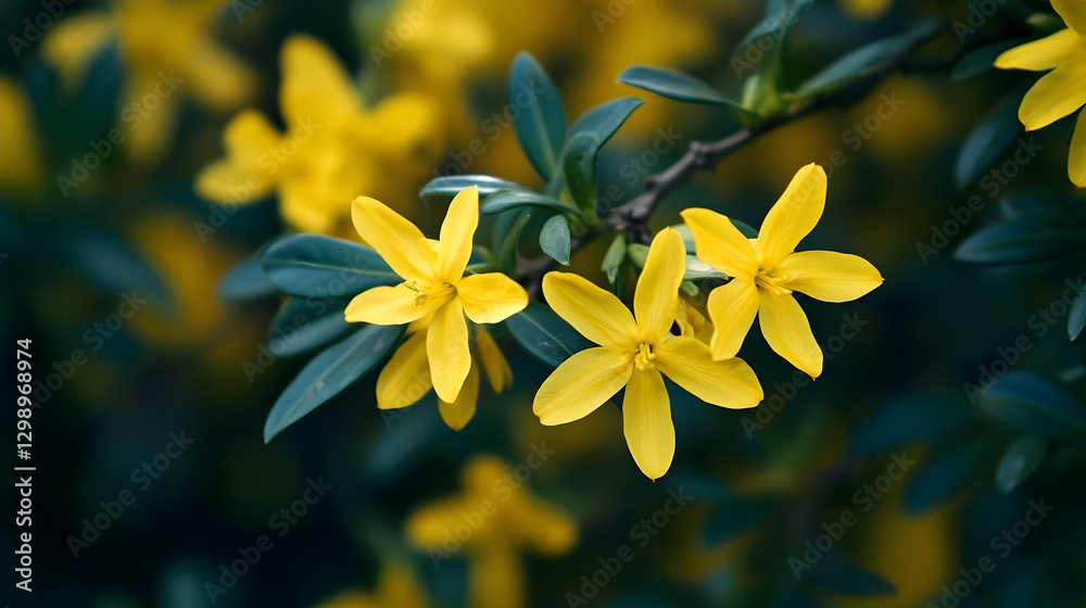 Obraz premium A close-up of forsythia flowers, with delicate yellow petals standing out against the backdrop of dark green leaves.