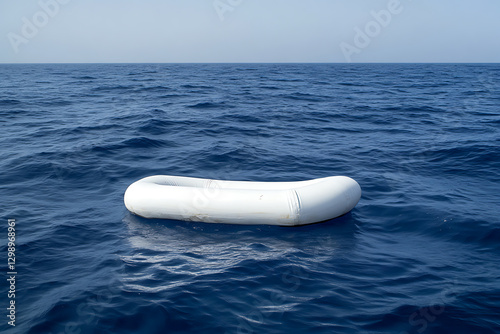 Solitary inflatable dinghy adrift on the vast expanse of the tranquil, deep blue sea. A scene of serene isolation under a clear sky. Minimalist seascape.
