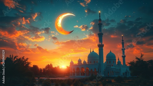 Majestic mosque silhouette at sunset with crescent moon and stars.
