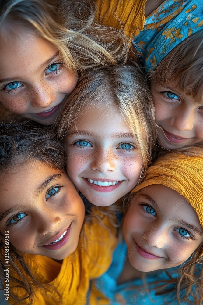 Fototapeta premium Group of happy children friends smiling and bonding closely together outdoors