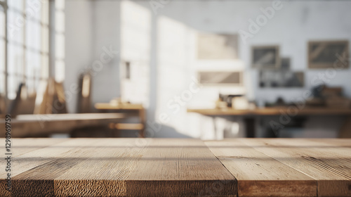 Rustic Wooden Tabletop in Bright Studio Workspace