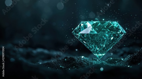 Radiant and Glimmering Clear Diamond on Dark Surface Surrounded by Sparkling Dust and Magical Light Effects for Luxury and Elegance Themes