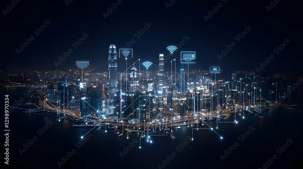 Obraz premium Illuminated Cityscape At Night Showing Modern Technology Data and Cyber Connections
