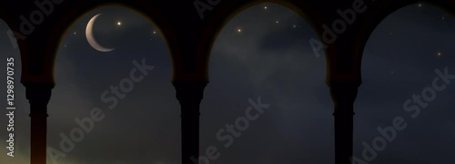 view from inside to outside through a mosque arch, night sky with time lapse of clouds or smoke, fantasy background banner for islam holidays with copy space