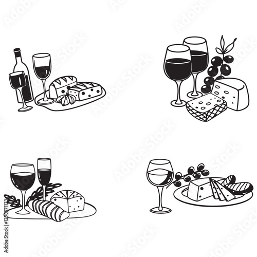chalk food vector illustrations. wedding dinner icons, wine or champagne glasses, cheese, and charcuterie drawings for wedding invitations, cafe menus, and parties.