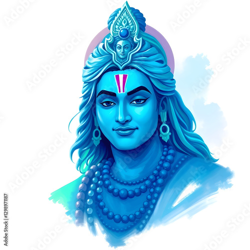 A digital painting of Lord Krishna in cosmic world.  Lord Krishna, the eighth avatar of Vishnu, is the divine protector, guide, and symbol of love, wisdom, and dharma. photo