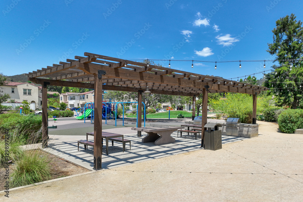 Covered gathering area in community park with picnic tables, Escondido, San Diego, California Covered gathering area in community park with picnic tables, Escondido, San Diego, California