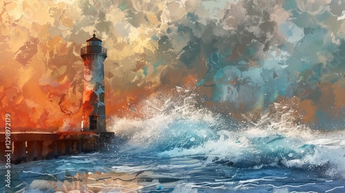 Vibrant sunset scene featuring a lighthouse amidst crashing waves, with dramatic clouds and a serene harbor