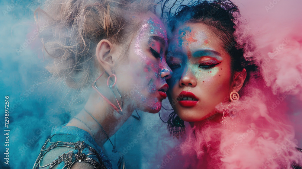 Fototapeta premium Vibrant Artistic Portrait of Two Women with Colorful Makeup and Smoke Effects in a Creative Studio Setting