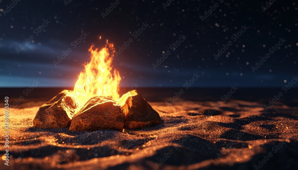 A minimalist fire pit area with golden stone seating, softly illuminated under a starry night sky A minimalist fire pit area with golden stone seating, softly illuminated under a starry night sky