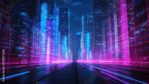 Wallpaper Mural Futuristic Cityscape with Neon Lights in a Digital World, HD Perspective of Skyscrapers and Technology Surrounding a Pathway at Night Torontodigital.ca
