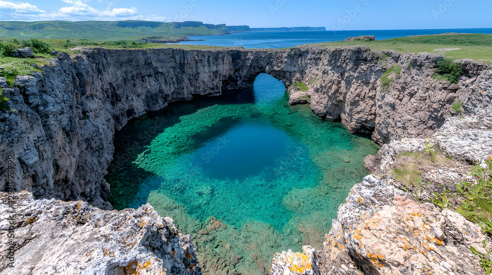 Coastal rock pool, turquoise water, clifftop view, sunny day, travel destination Coastal rock pool, turquoise water, clifftop view, sunny day, travel destination