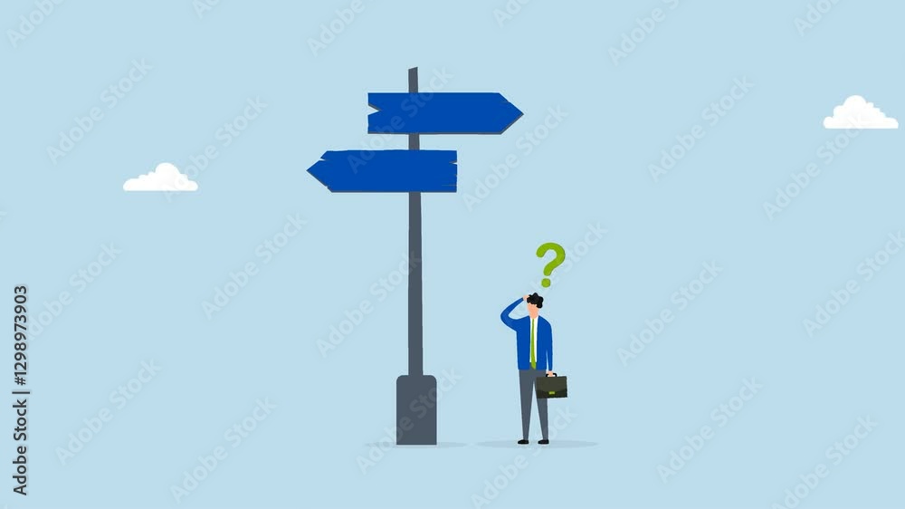 Choosing between 2 choices, 4k animation of businessman contemplating with question mark selecting between two paths with blank area. 