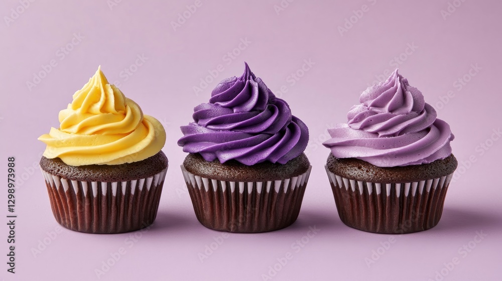 Three colorful cupcakes on a purple background Three colorful cupcakes on a purple background