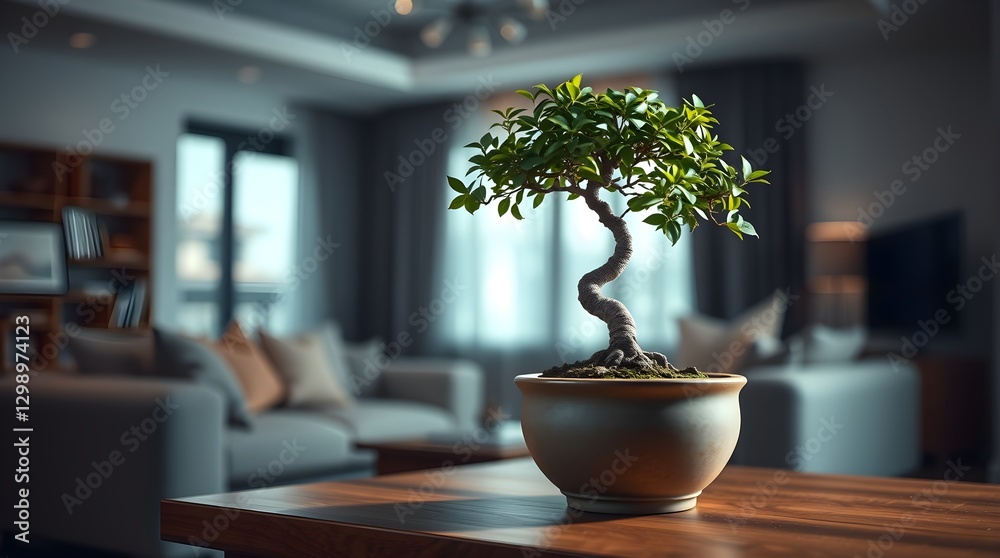 stock photo Low-key lighting dramatically highlights a small bonsai tree with a twisted trunk and dense green foliage. Soft pastel colors are used. stock photo Low-key lighting dramatically highlights a small bonsai tree with a twisted trunk and dense green foliage. Soft pastel colors are used.