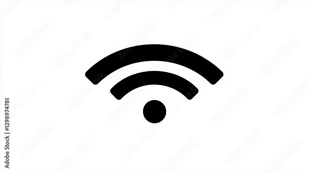 A black Wi-Fi signal icon on a white background, representing wireless connectivity. A black Wi-Fi signal icon on a white background, representing wireless connectivity.