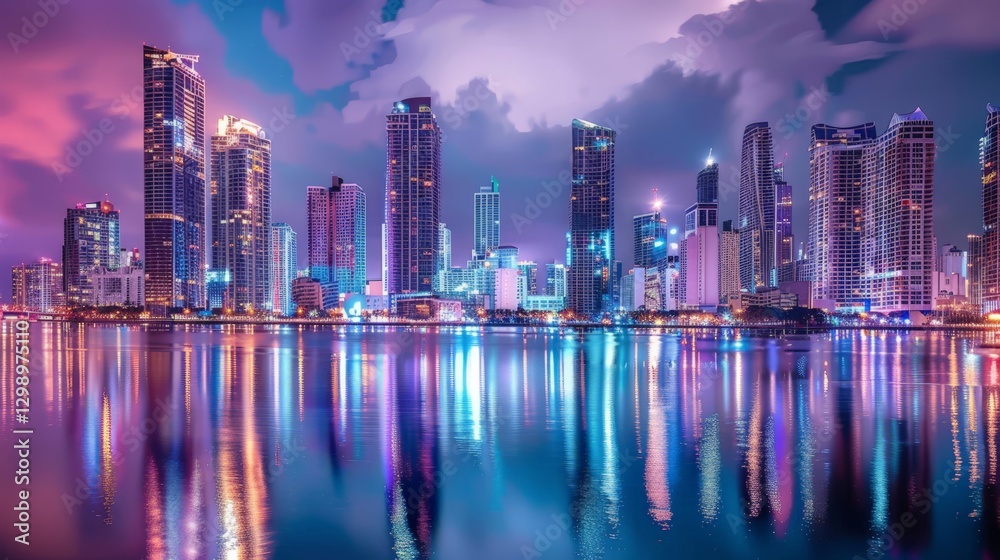 Fototapeta premium Skyscrapers reflecting on the river in a city with