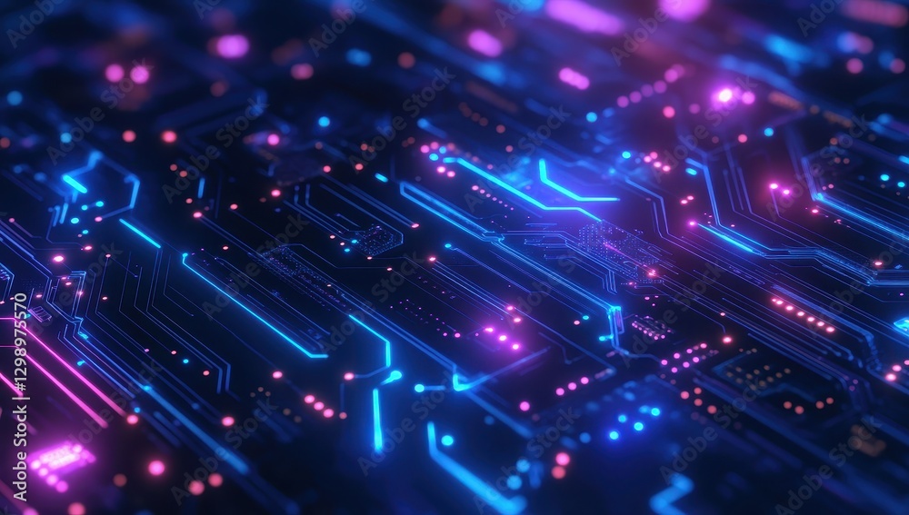 Obraz premium Futuristic Digital Circuit Board with Bright Neon Colors and Glowing Lights for Technology and Science Imagery