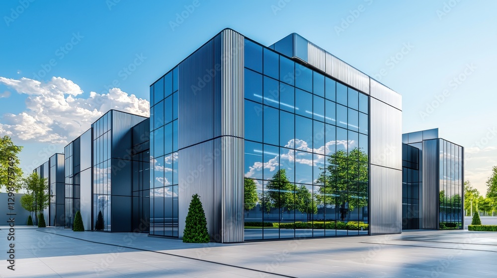 Modern Business Complex with Glass Facade and Green Landscape Under Clear Blue Sky in Urban Setting Modern Business Complex with Glass Facade and Green Landscape Under Clear Blue Sky in Urban Setting